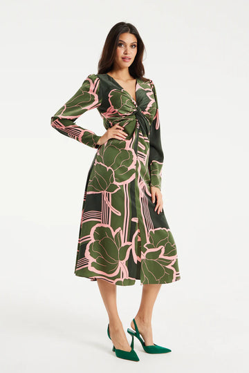 Geometric Floral Knot Front Midi Dress Liquorish